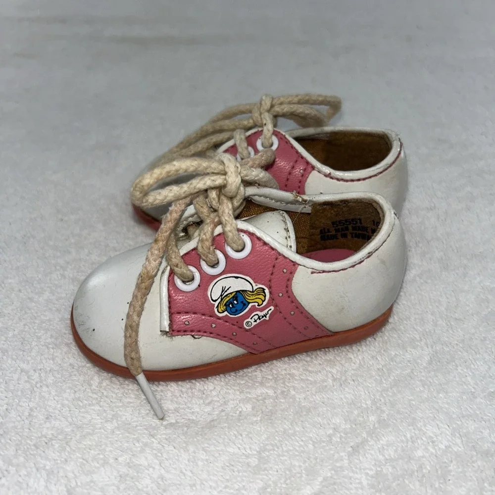 RARE VINTAGE Smurf Baby Girl Saddle Shoes Pink & White Size 1 Smurfette 80's